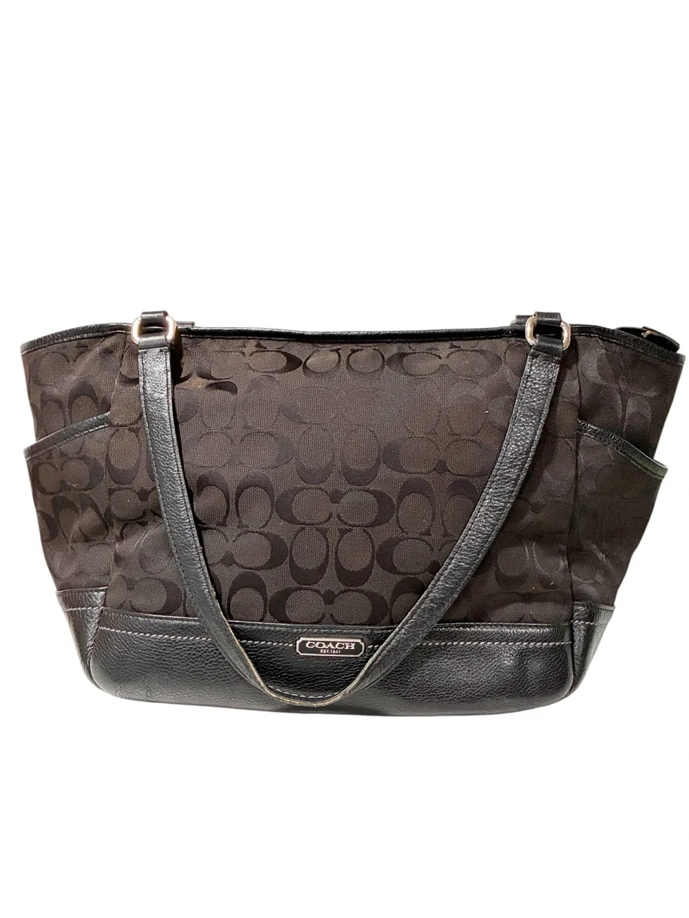 Coach Signature Park Carrie Vintage Tote Bag Black Monogram Canvas